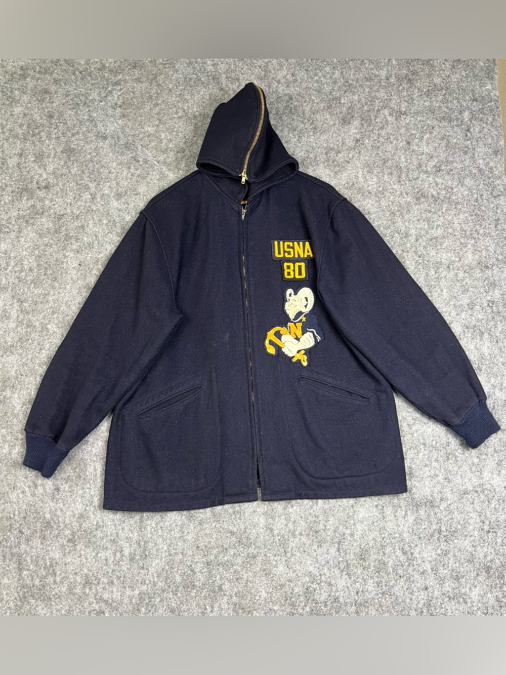 Vintage 80s US Naval Academy USNA Wool Jacket Mens Medium Zip Hood Blue Size XL